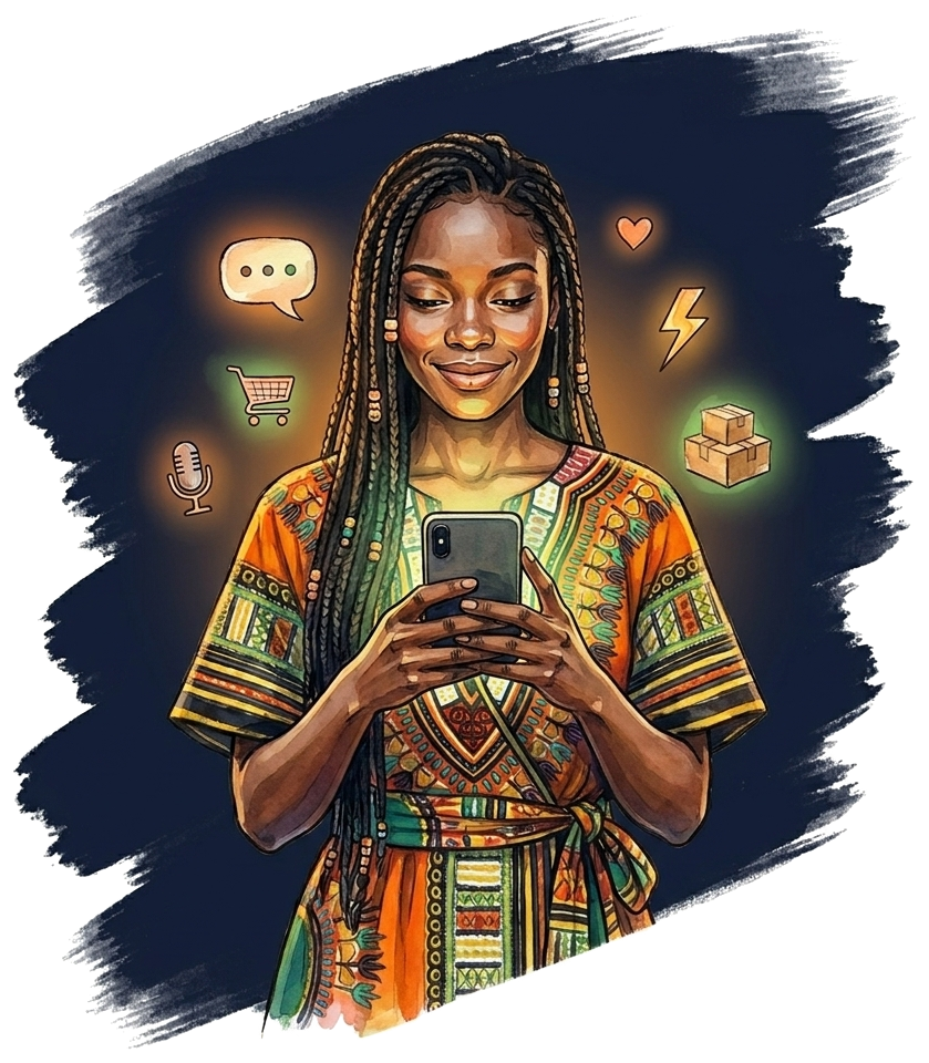 A confident business owner with feature icons (chat, cart, microphone, heart, lightning, parcels) floating around her