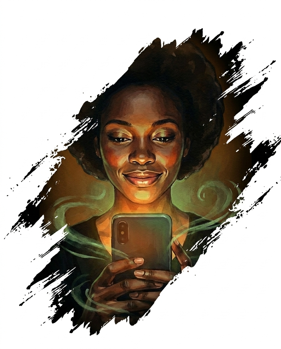 A confident young business owner ready to help her customers, phone in hand, with green energy trails of the Winga brand