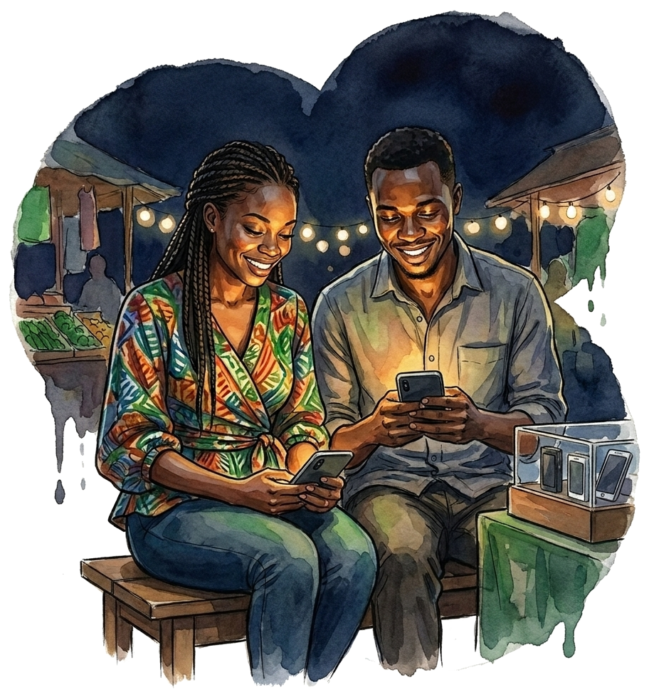 A satisfied business owner smiling warmly at her phone, string lights in the background